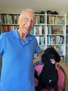 Peter Forrest in his office with his talented assistant Aristotle.